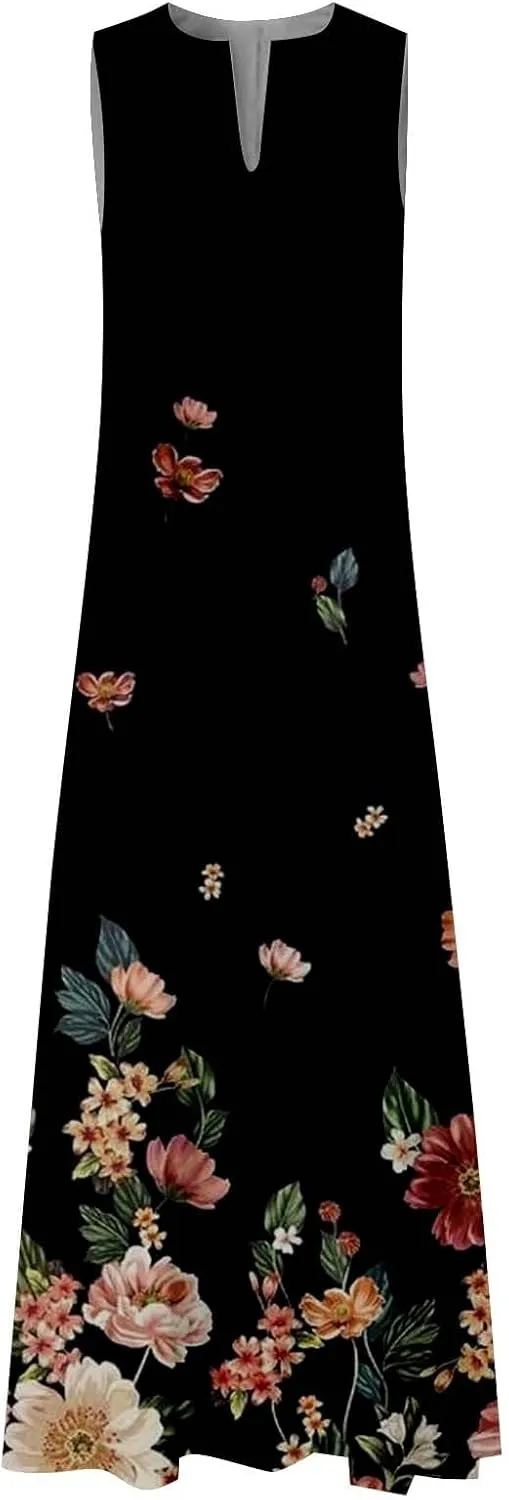 CRNTCEM Floral Maxi Dress for Women Sleeveless Wedding Guest Long Dresses V Neck Elegant Outdoor Beach Travel Dresses