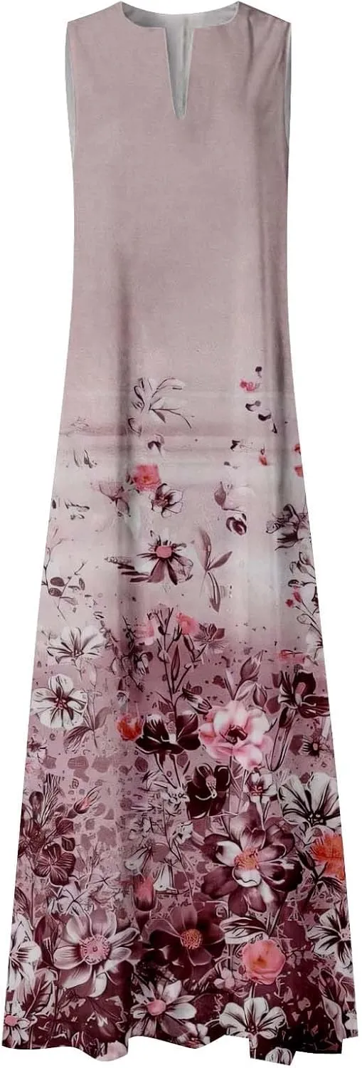 CRNTCEM Floral Maxi Dress for Women Sleeveless Wedding Guest Long Dresses V Neck Elegant Outdoor Beach Travel Dresses