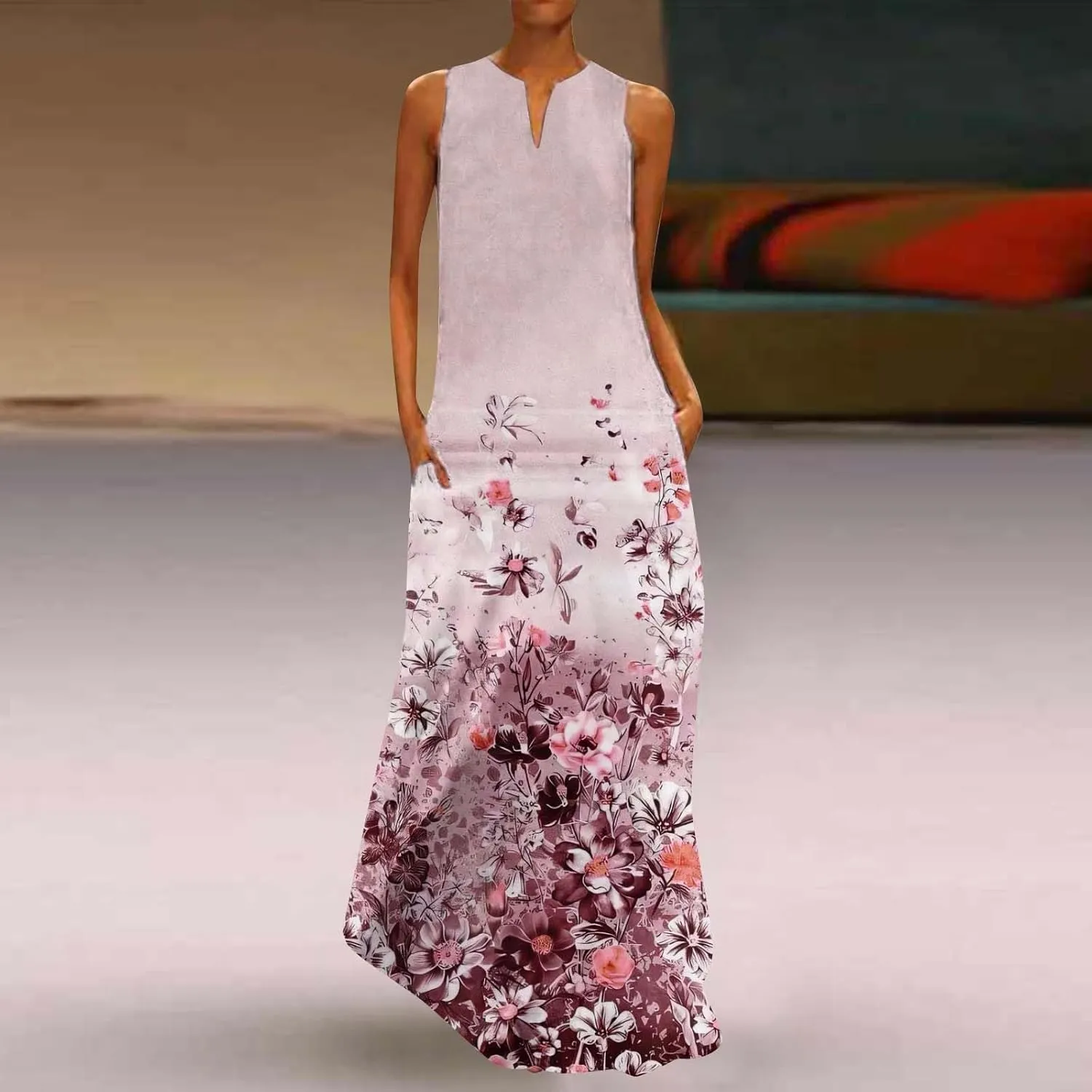 CRNTCEM Floral Maxi Dress for Women Sleeveless Wedding Guest Long Dresses V Neck Elegant Outdoor Beach Travel Dresses