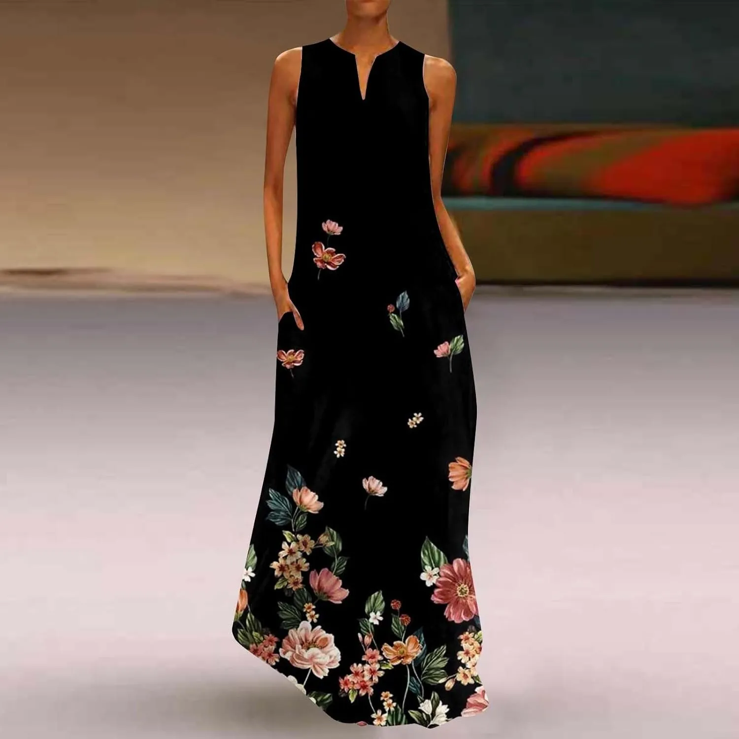 CRNTCEM Floral Maxi Dress for Women Sleeveless Wedding Guest Long Dresses V Neck Elegant Outdoor Beach Travel Dresses