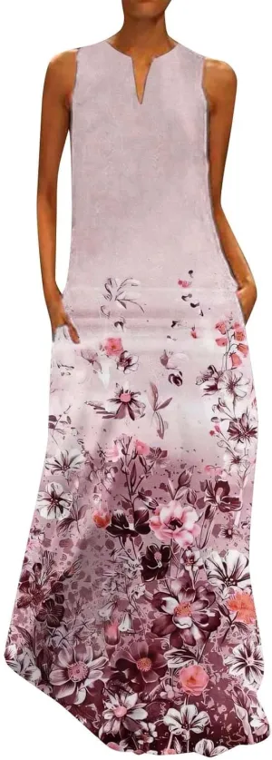 CRNTCEM Floral Maxi Dress for Women Sleeveless Wedding Guest Long Dresses V Neck Elegant Outdoor Beach Travel Dresses