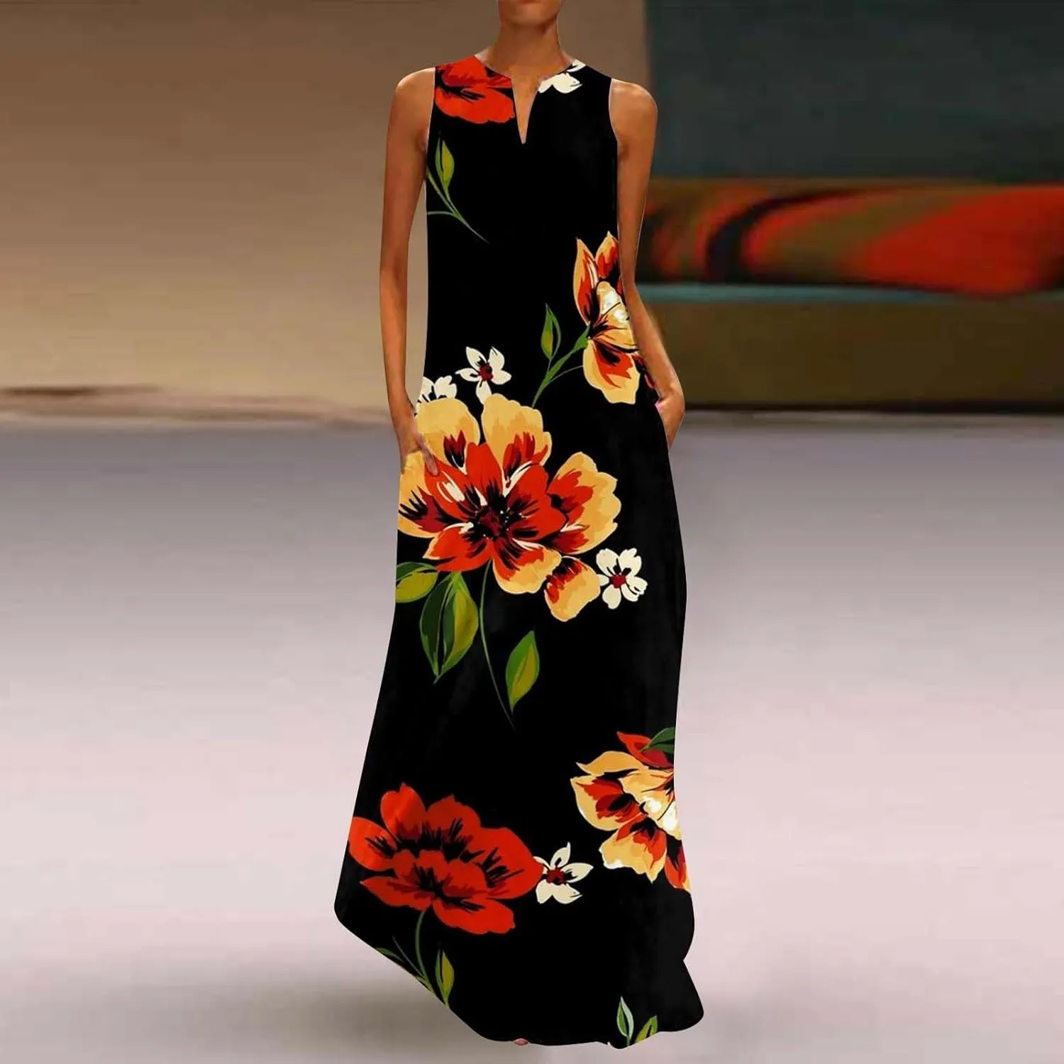 CRNTCEM Floral Maxi Dress for Women Sleeveless Wedding Guest Long Dresses V Neck Elegant Outdoor Beach Travel Dresses