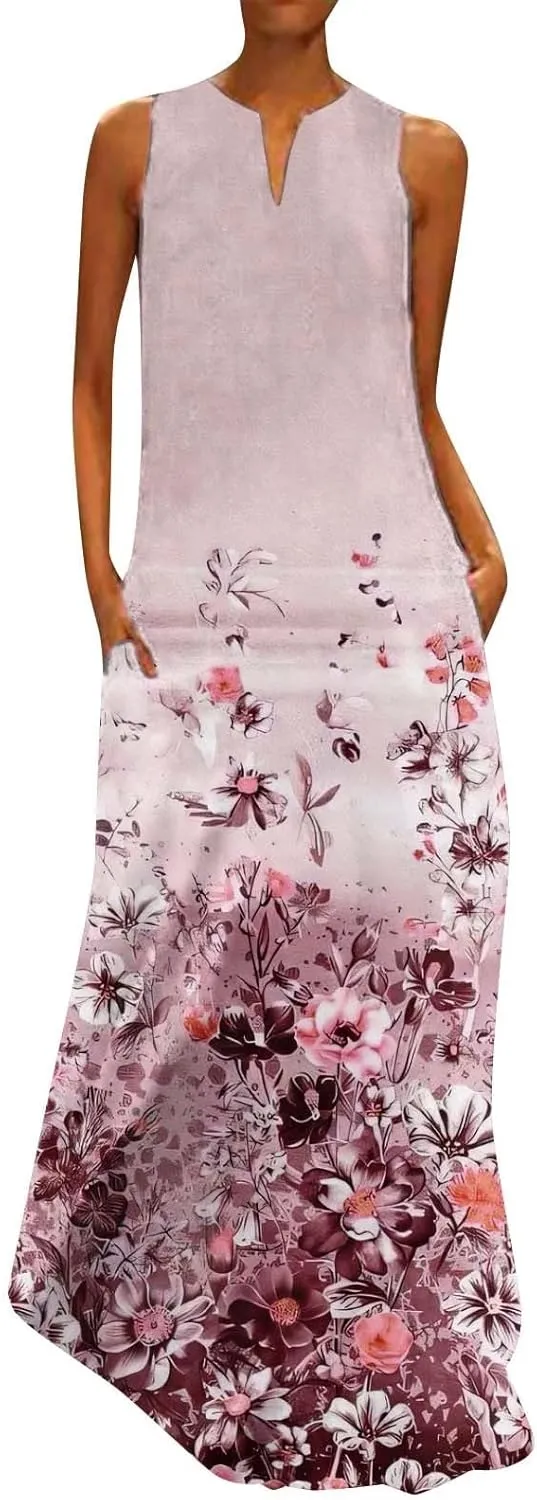 CRNTCEM Floral Maxi Dress for Women Sleeveless Wedding Guest Long Dresses V Neck Elegant Outdoor Beach Travel Dresses