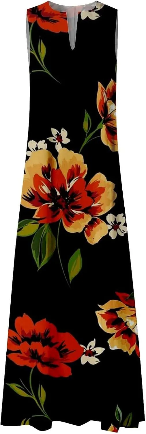 CRNTCEM Floral Maxi Dress for Women Sleeveless Wedding Guest Long Dresses V Neck Elegant Outdoor Beach Travel Dresses