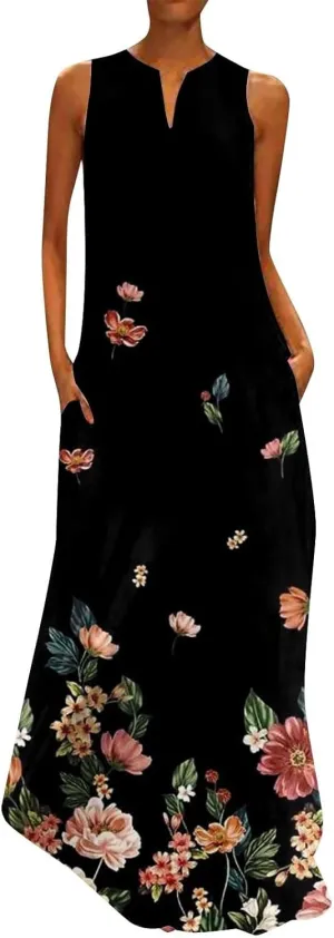 CRNTCEM Floral Maxi Dress for Women Sleeveless Wedding Guest Long Dresses V Neck Elegant Outdoor Beach Travel Dresses