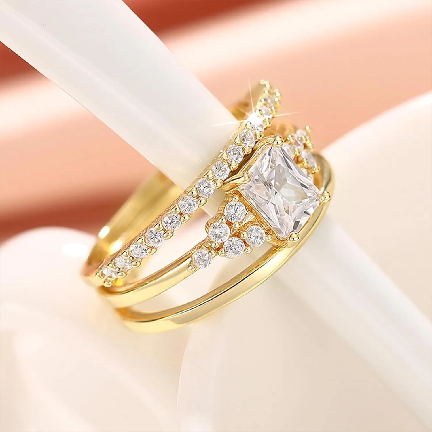 Dainty Gold Rings for Women Size 6-11 Stackable Rings Set 3pcs with Cubic Zirconia 14k Gold Plated Wedding Ring for Women Aesthetic Jewelry