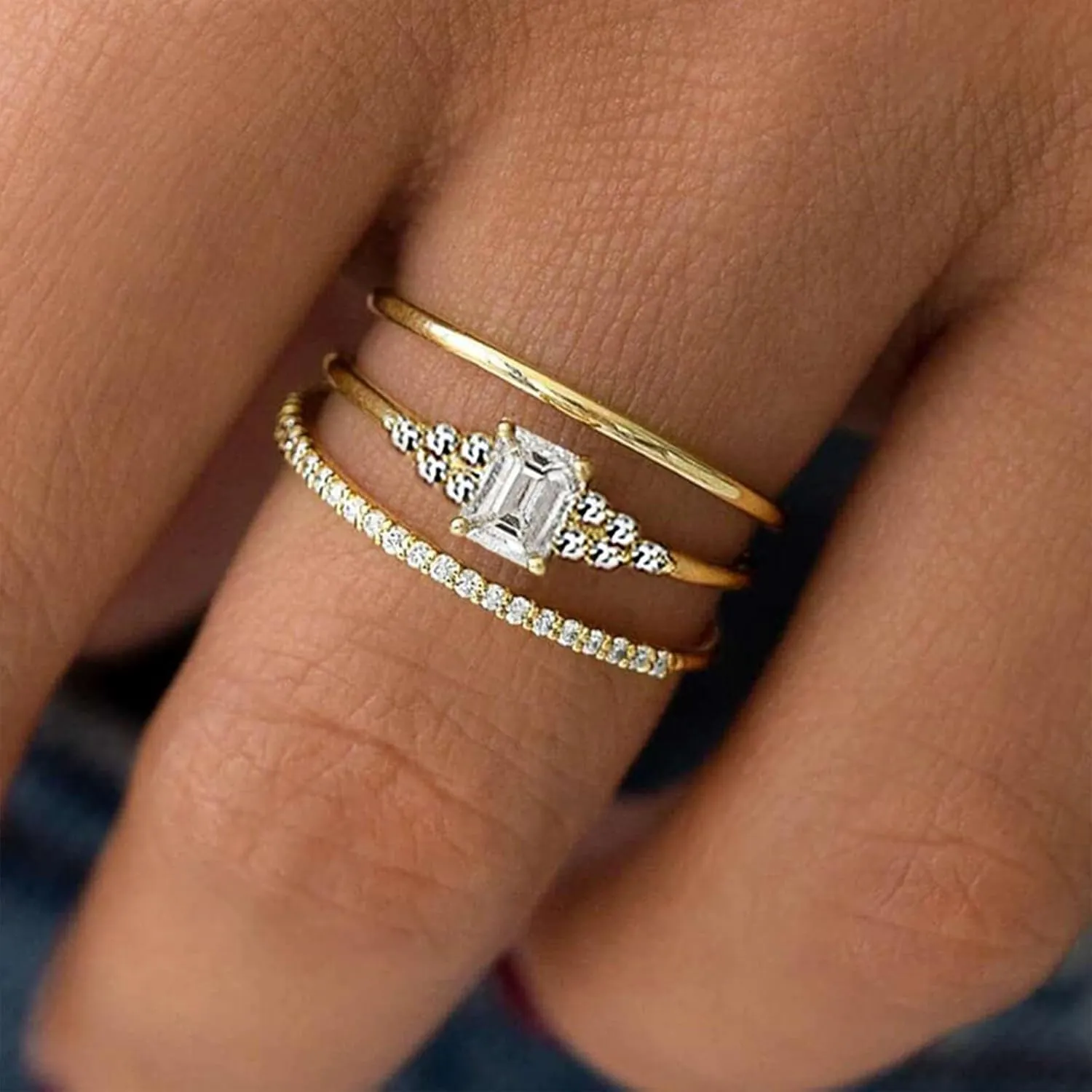 Dainty Gold Rings for Women Size 6-11 Stackable Rings Set 3pcs with Cubic Zirconia 14k Gold Plated Wedding Ring for Women Aesthetic Jewelry
