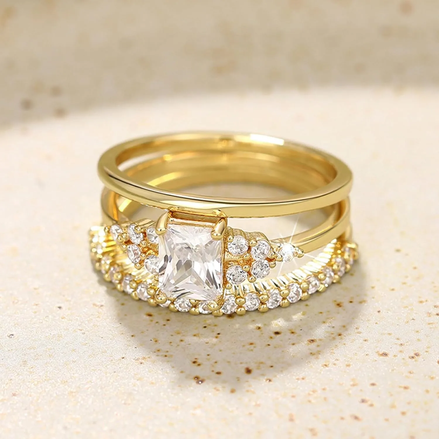 Dainty Gold Rings for Women Size 6-11 Stackable Rings Set 3pcs with Cubic Zirconia 14k Gold Plated Wedding Ring for Women Aesthetic Jewelry