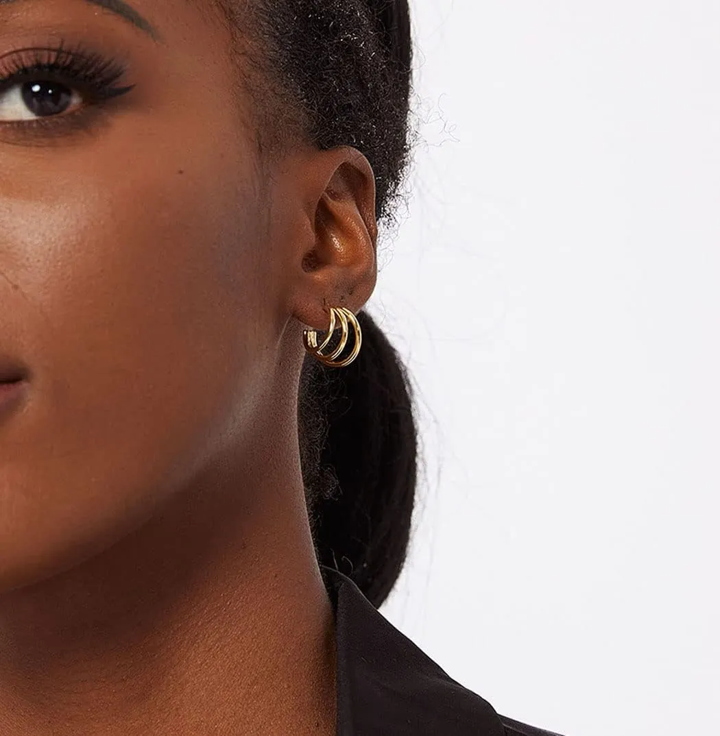 Dainty Huggie Hoop Earring 14K Gold Plated Thick Triple Twisted Hoop Earrings Hypoallergenic Chunky Gold Hoops Earrings Small Gold Earrings for Women