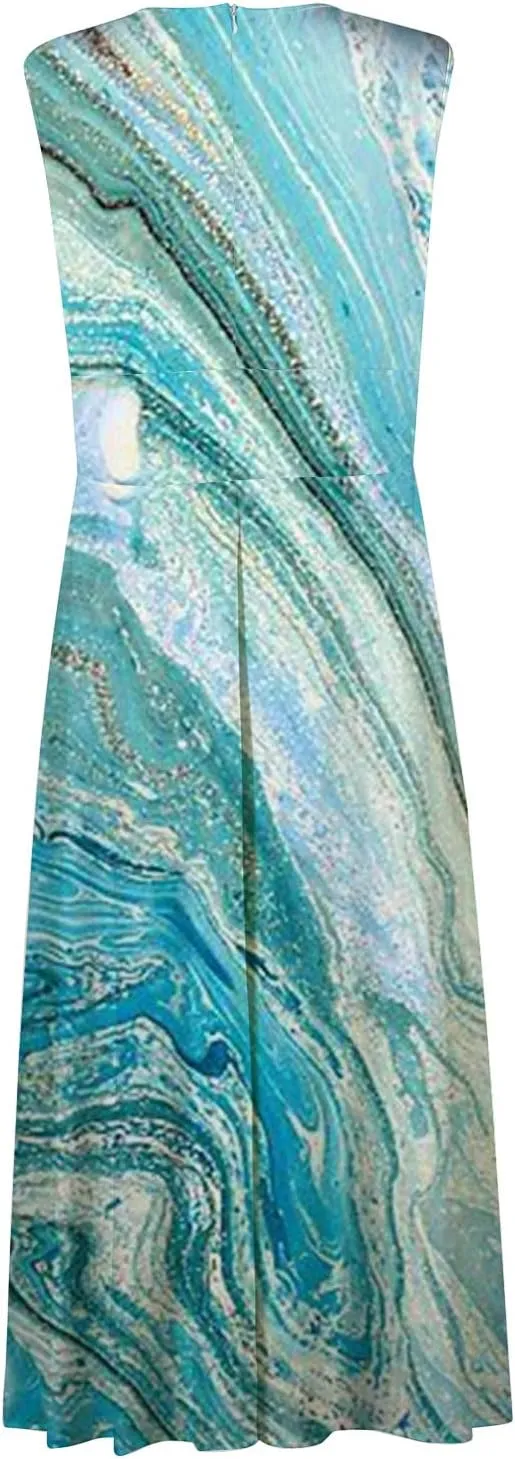 Dresses for Women 2025 Spring Summer Elegant Wrap V Neck Sleeveless Maxi Dress,Trendy Marble Print Flowy Beach Dress