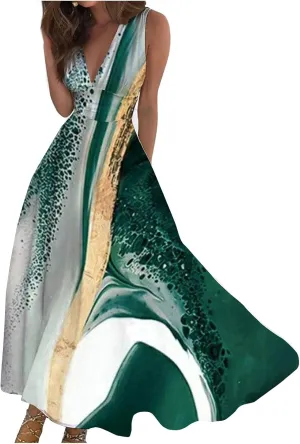 Dresses for Women 2025 Spring Summer Elegant Wrap V Neck Sleeveless Maxi Dress,Trendy Marble Print Flowy Beach Dress