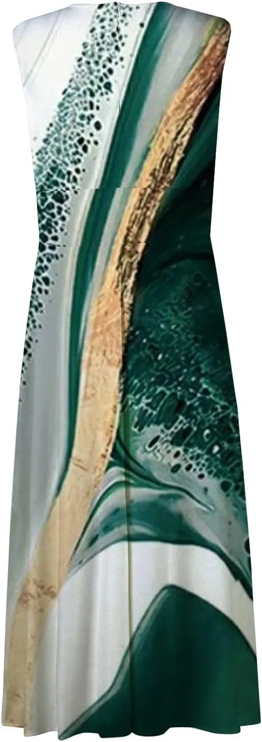 Dresses for Women 2025 Spring Summer Elegant Wrap V Neck Sleeveless Maxi Dress,Trendy Marble Print Flowy Beach Dress