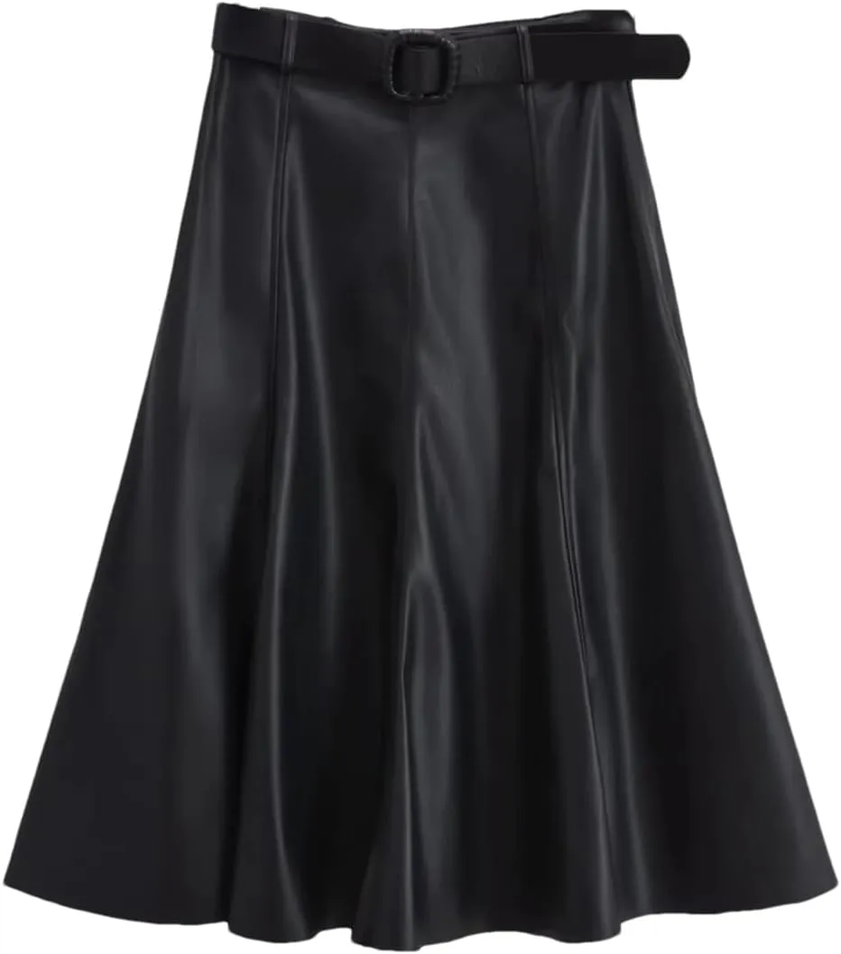 Dvbfufv Women's Leather Skirt Women's A-Line Skirts Women's Belt High-Waist Pleated Midi Skirt Woman Faux Leather Skirt
