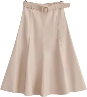 Dvbfufv Women's Leather Skirt Women's A-Line Skirts Women's Belt High-Waist Pleated Midi Skirt Woman Faux Leather Skirt