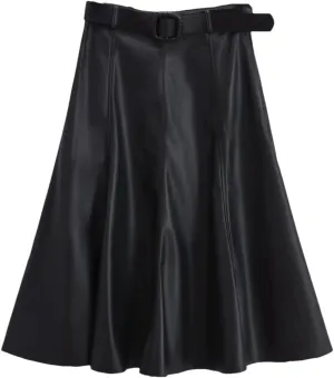 Dvbfufv Women's Leather Skirt Women's A-Line Skirts Women's Belt High-Waist Pleated Midi Skirt Woman Faux Leather Skirt