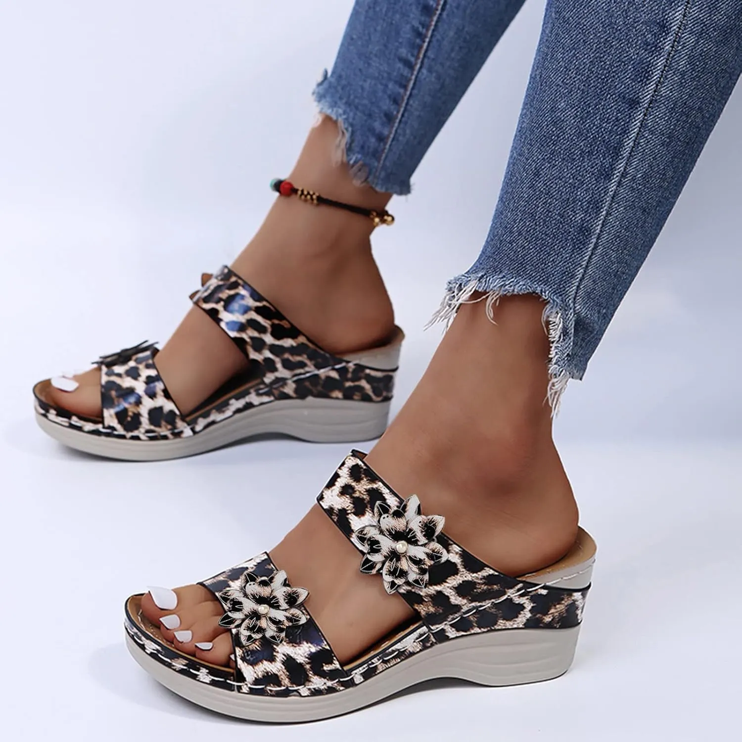 Eduavar Summer Sandals for Women 2023, Sandals Women Comfortable Leopard Print Wedge Platform Sandals with Arch Support