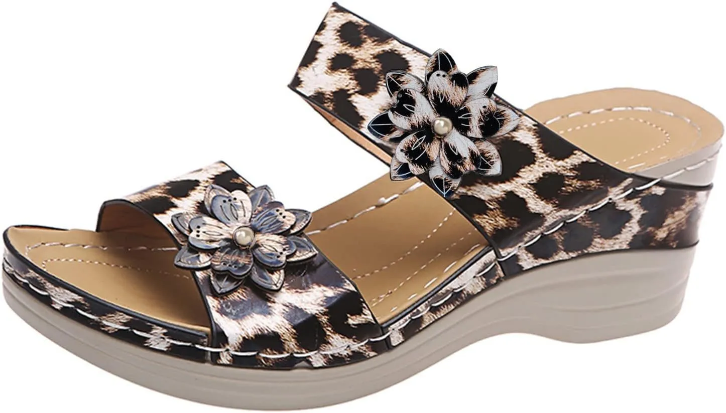 Eduavar Summer Sandals for Women 2023, Sandals Women Comfortable Leopard Print Wedge Platform Sandals with Arch Support