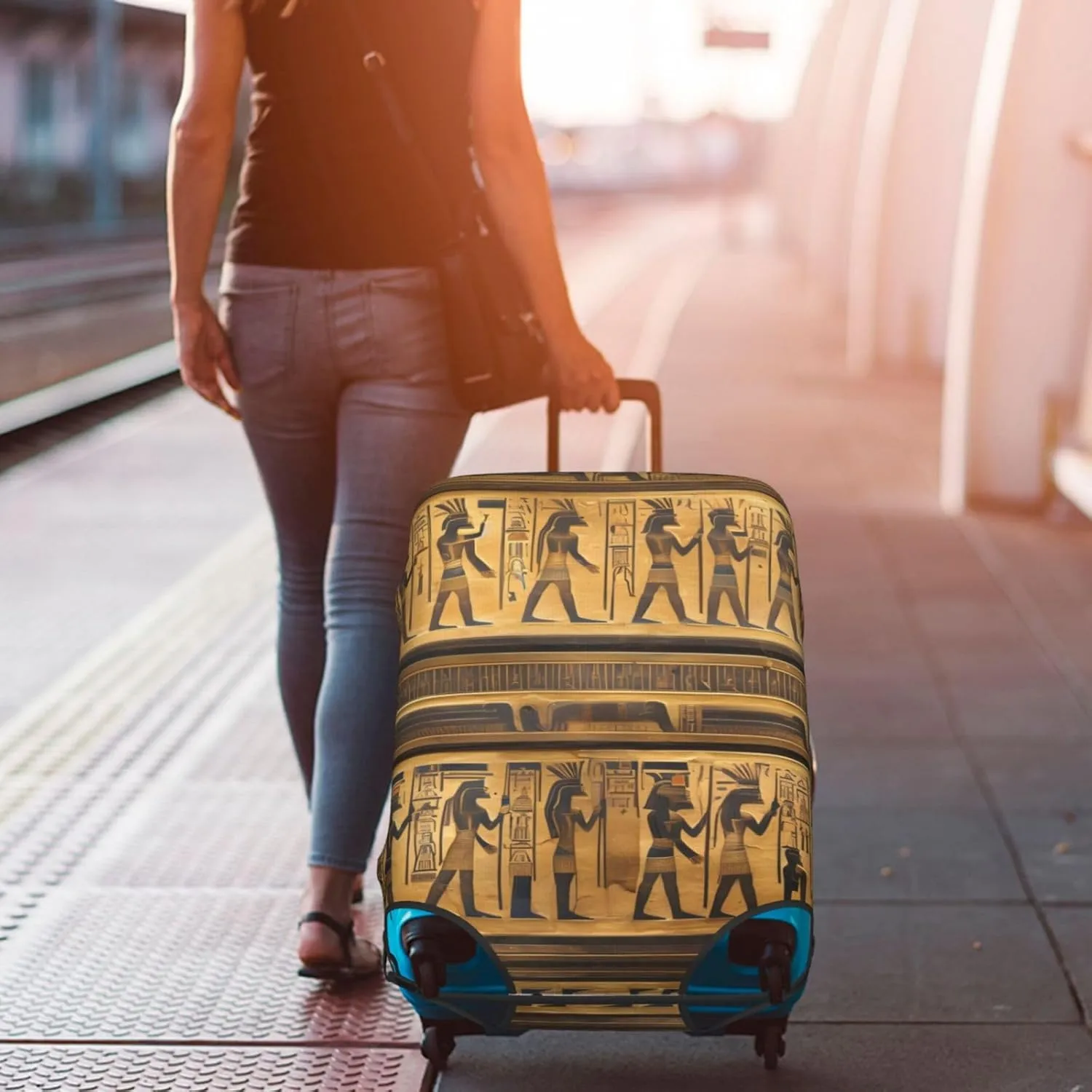 Egypt Hieroglyphics Print Practical Elastic Washable Travel Luggage Cover with Concealed Zipper for Suitcases
