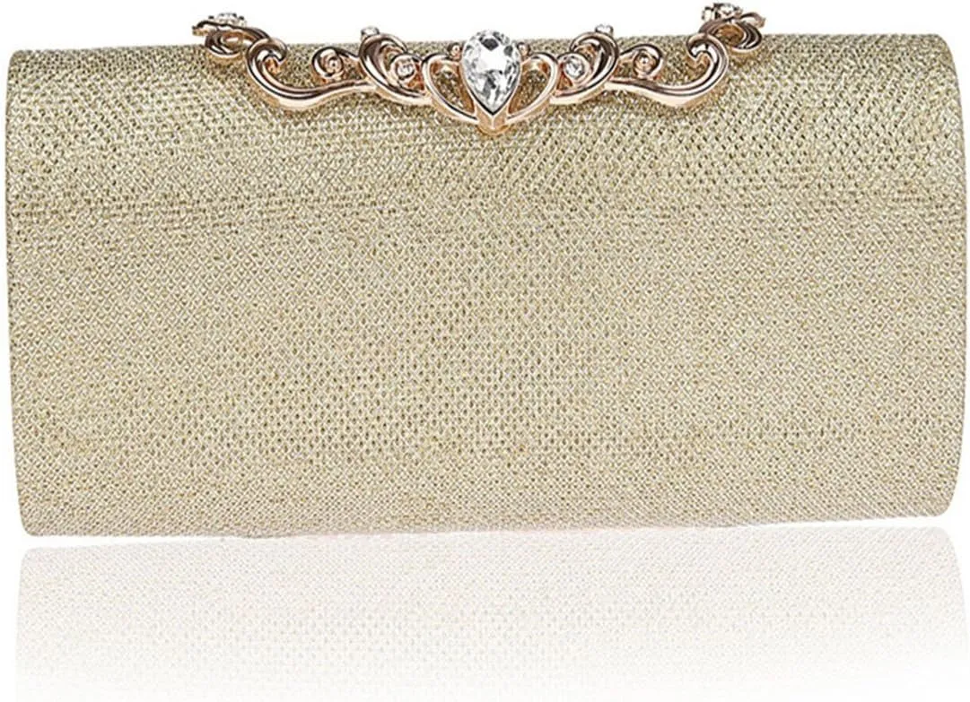 ELEOPTION Simple Women's Women Clutch Purse Hard Case Evening Bags Glitter Handbag With Diamante Snap Closure Cover Rectangle Design Pleated Satin For Wedding Party Best Gift (Gold)