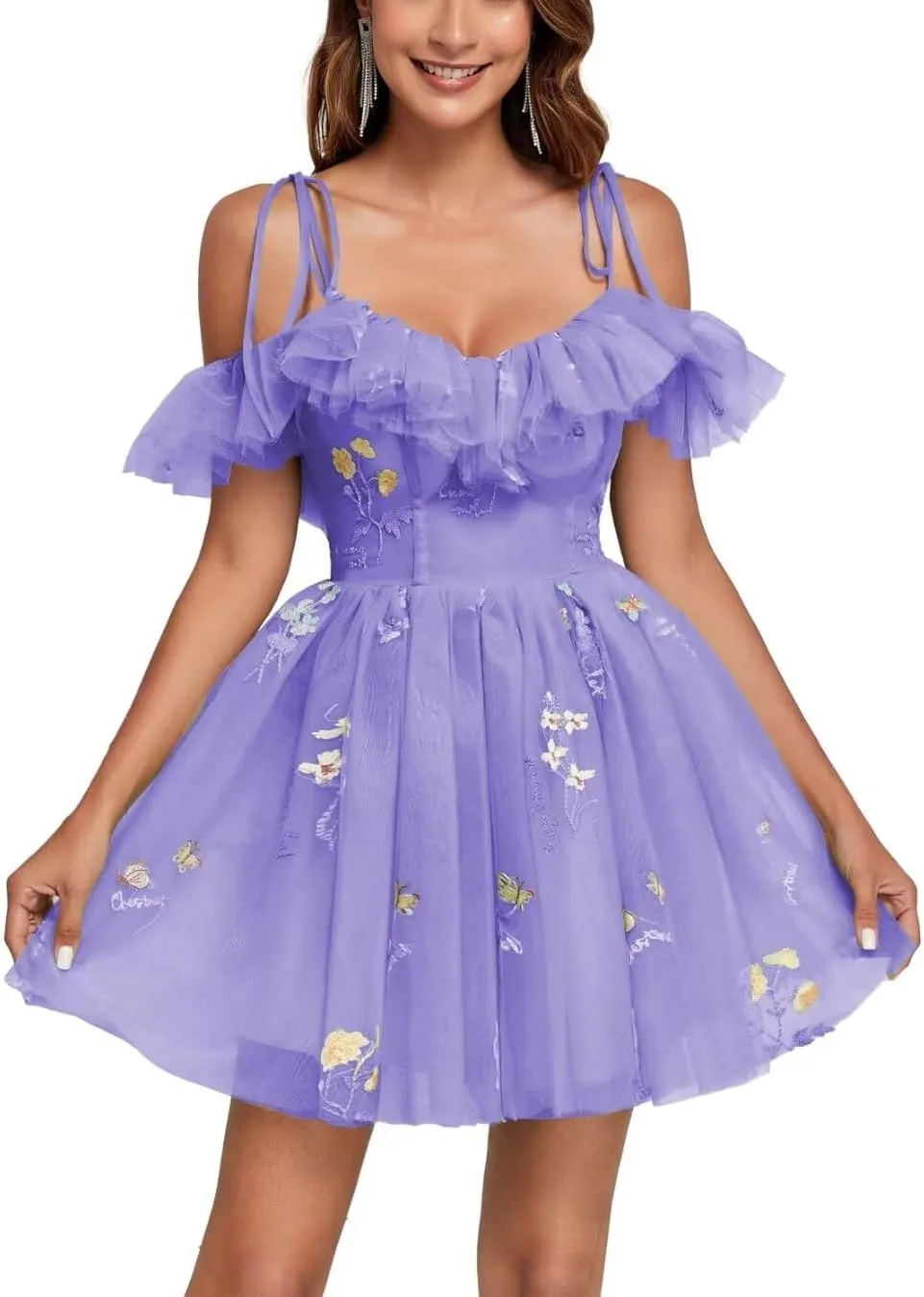 Embroidery Floral Homecoming Dresses for Teens Off Shoulder Ruffle Flower Tulle Short Prom Dress