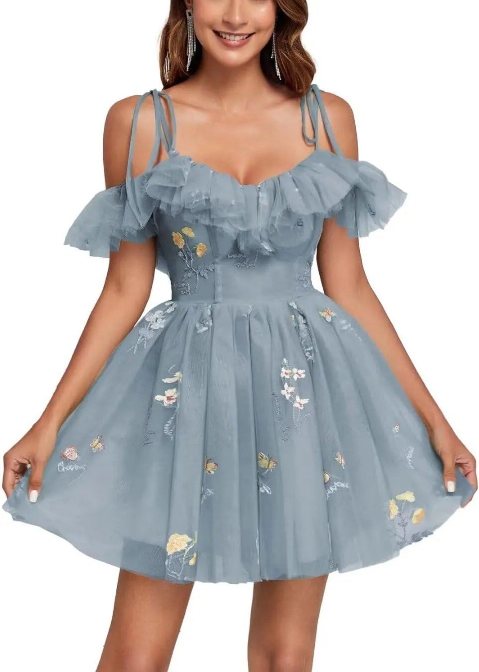 Embroidery Floral Homecoming Dresses for Teens Off Shoulder Ruffle Flower Tulle Short Prom Dress