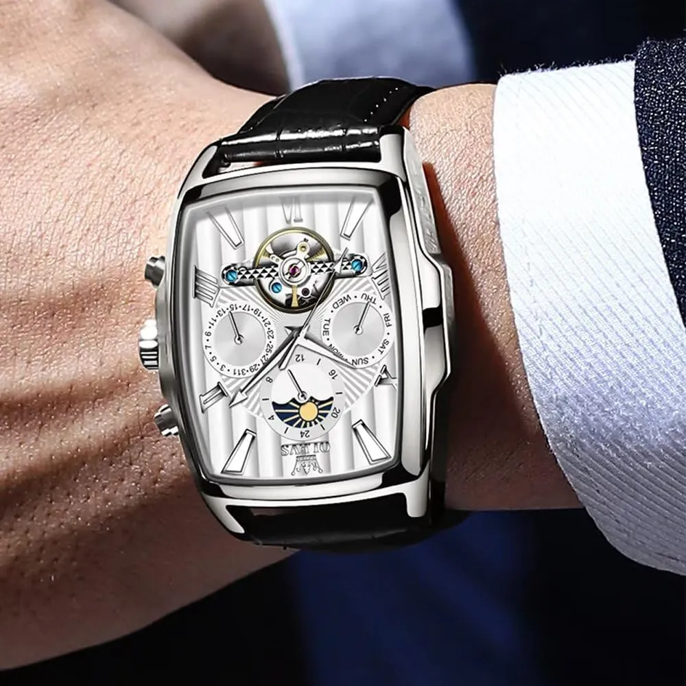 Fashion Men's Automatic Mechanical Watches Luxury Tourbillon Genuine Leather Waterproof Wristwatch Moon Phase Date-Week Multi Functional Display Casual Business Mens Watch