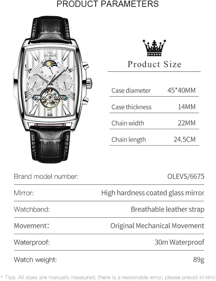 Fashion Men's Automatic Mechanical Watches Luxury Tourbillon Genuine Leather Waterproof Wristwatch Moon Phase Date-Week Multi Functional Display Casual Business Mens Watch