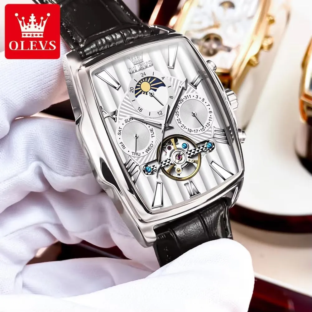 Fashion Men's Automatic Mechanical Watches Luxury Tourbillon Genuine Leather Waterproof Wristwatch Moon Phase Date-Week Multi Functional Display Casual Business Mens Watch