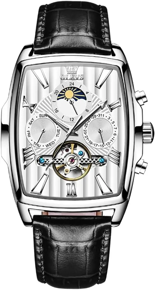 Fashion Men's Automatic Mechanical Watches Luxury Tourbillon Genuine Leather Waterproof Wristwatch Moon Phase Date-Week Multi Functional Display Casual Business Mens Watch