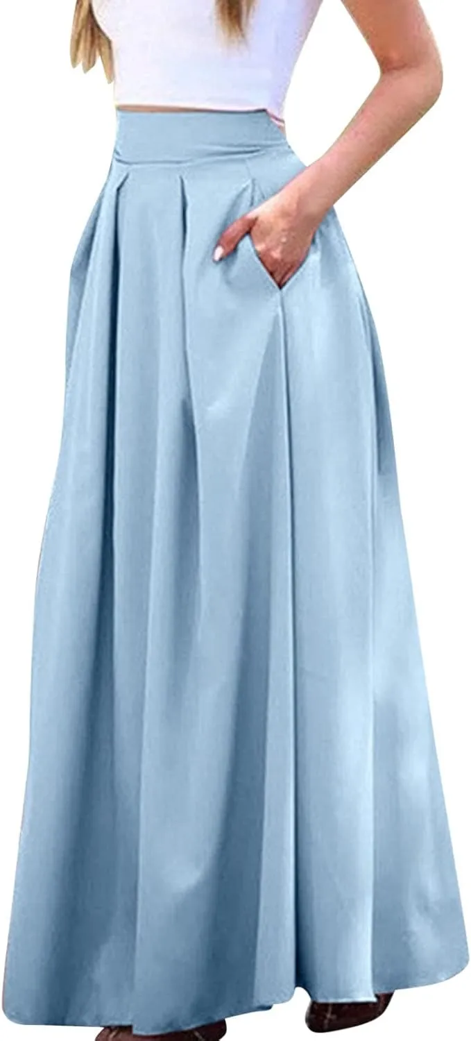 Fashion Women Skirt Elastic Waist A-Line High Waist Skirt Spring Dresses Midi Skirts Solid Skirt Double Slit