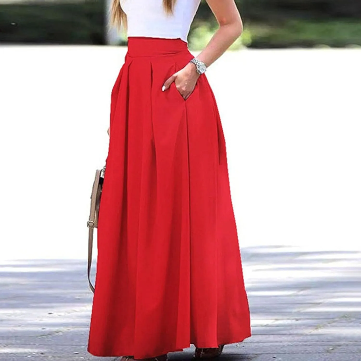 Fashion Women Skirt Elastic Waist A-Line High Waist Skirt Spring Dresses Midi Skirts Solid Skirt Double Slit