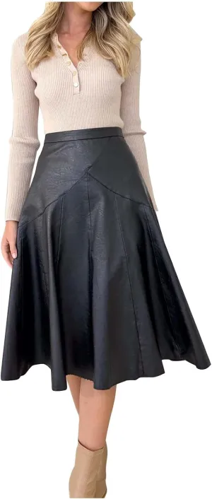 Faux Leather for Women High Elastic Waist Pleated Flared Midi Long Skirt Fall Winter Casual Trendy A-Line Flowy Skirts