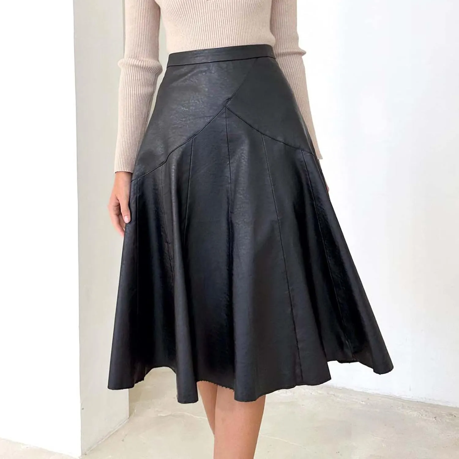 Faux Leather for Women High Elastic Waist Pleated Flared Midi Long Skirt Fall Winter Casual Trendy A-Line Flowy Skirts