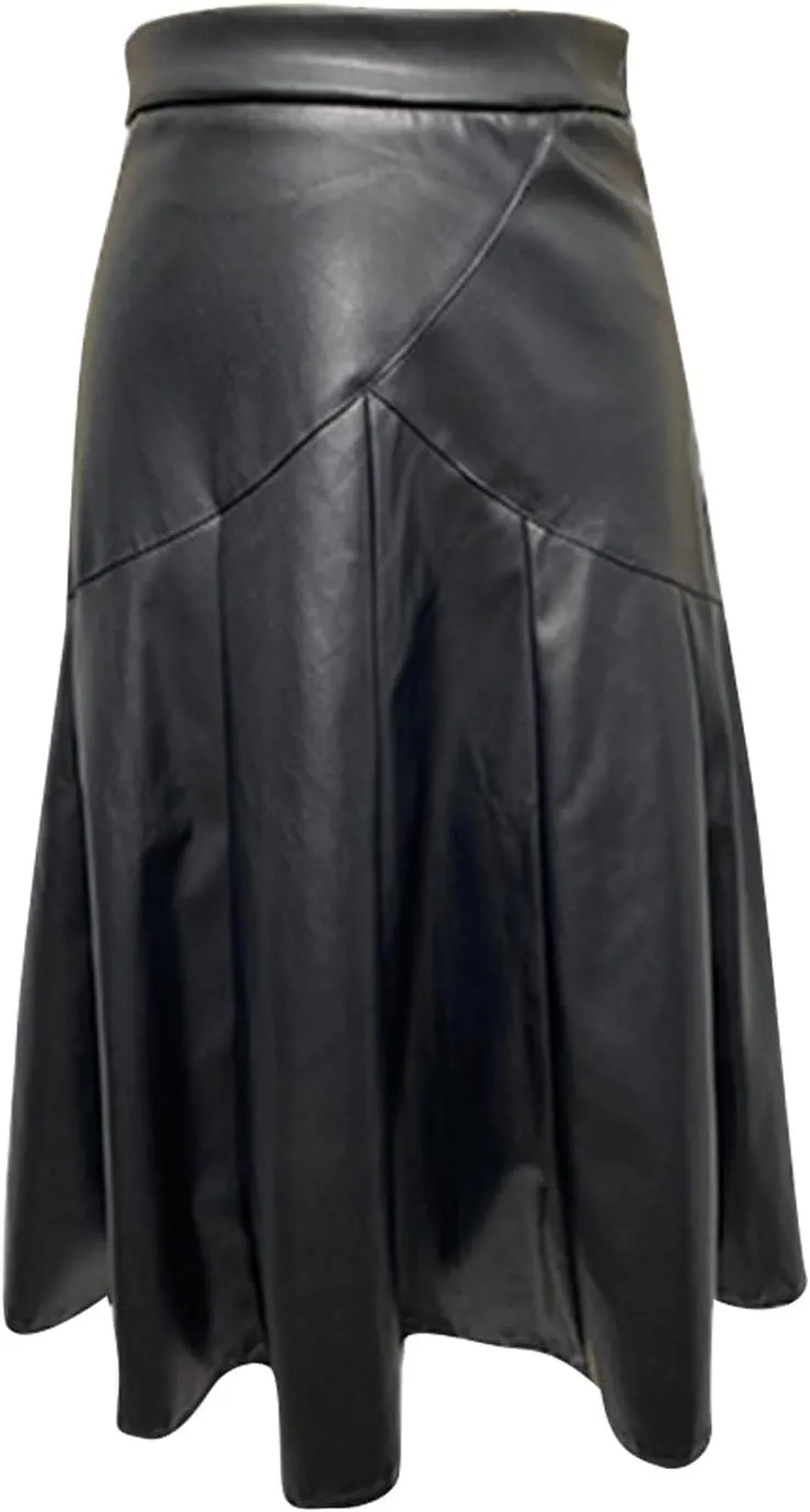 Faux Leather for Women High Elastic Waist Pleated Flared Midi Long Skirt Fall Winter Casual Trendy A-Line Flowy Skirts