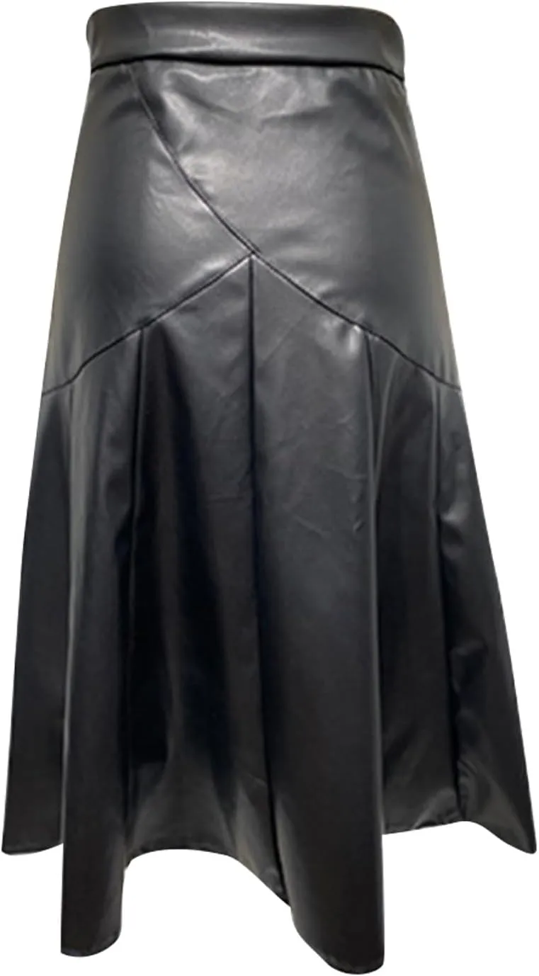 Faux Leather for Women High Elastic Waist Pleated Flared Midi Long Skirt Fall Winter Casual Trendy A-Line Flowy Skirts