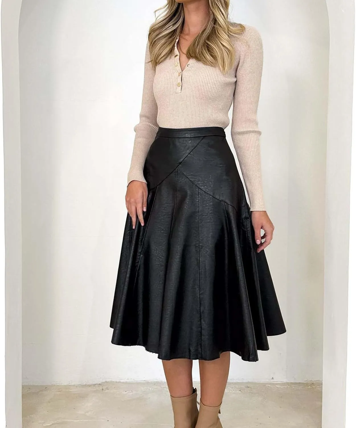 Faux Leather for Women High Elastic Waist Pleated Flared Midi Long Skirt Fall Winter Casual Trendy A-Line Flowy Skirts