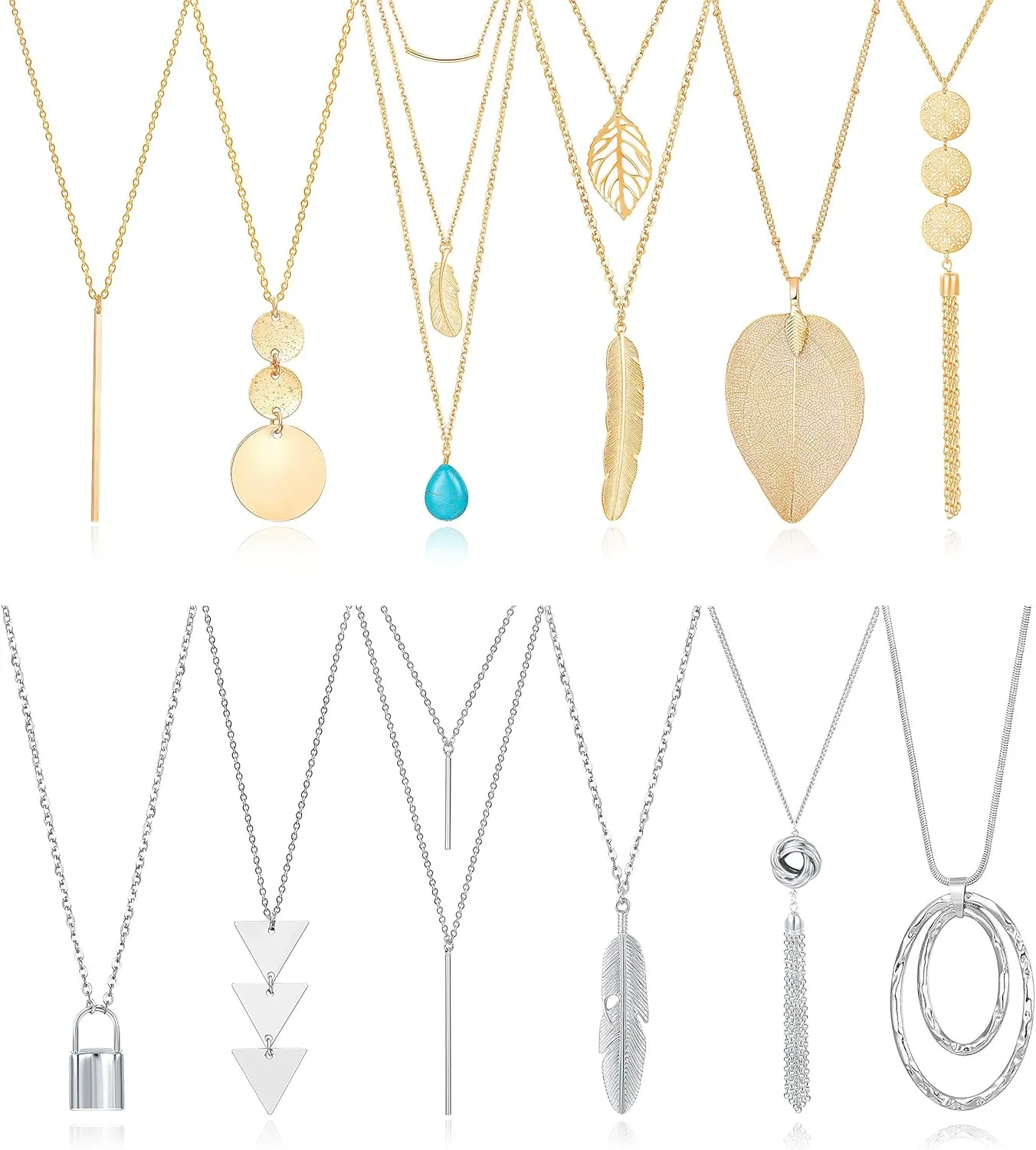 Fecsiory 12 Pcs Long Pendant Necklace for Women, Gold Bar Feather Triangle Leaf Lock Tassel Y Necklace Jewelry Set