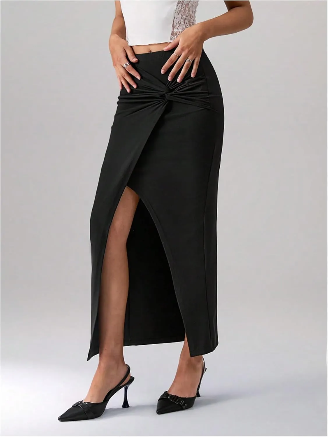 Floerns Women's Twist Split Front Pencil Skirt Bodycon Elegant Maxi Wrap Skirts