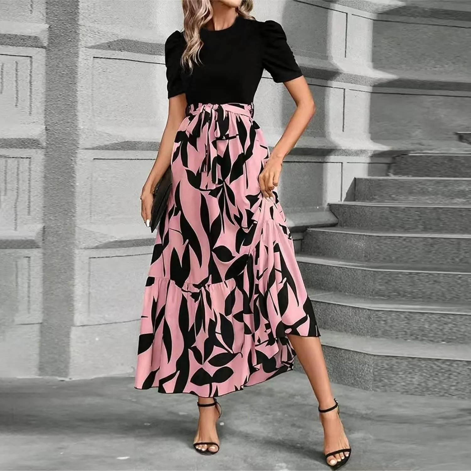 Floral Maxi Dresses for Women 2025 Boho Flowy Dress Elegant Modest Dresses A Line Short Sleeve Dress Long Sundress