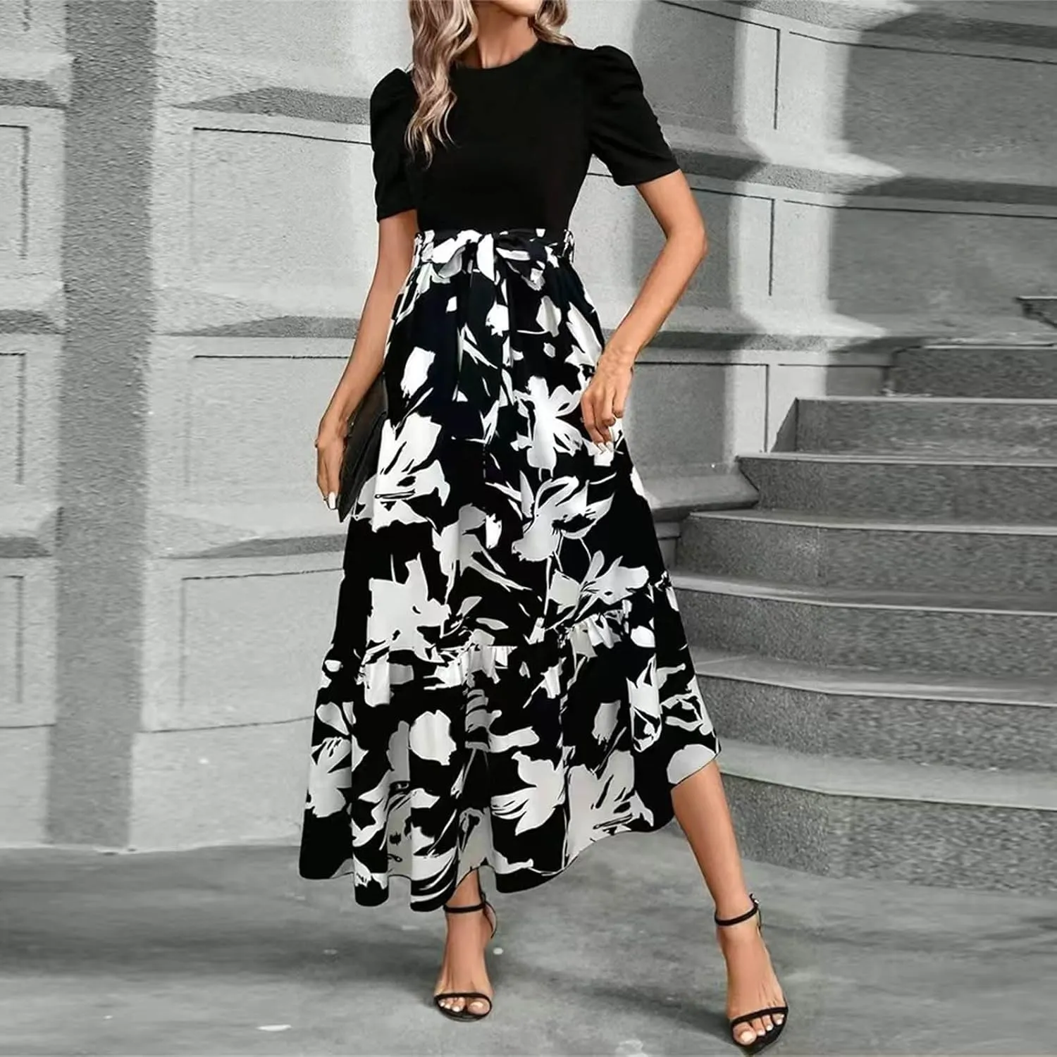 Floral Maxi Dresses for Women 2025 Boho Flowy Dress Elegant Modest Dresses A Line Short Sleeve Dress Long Sundress