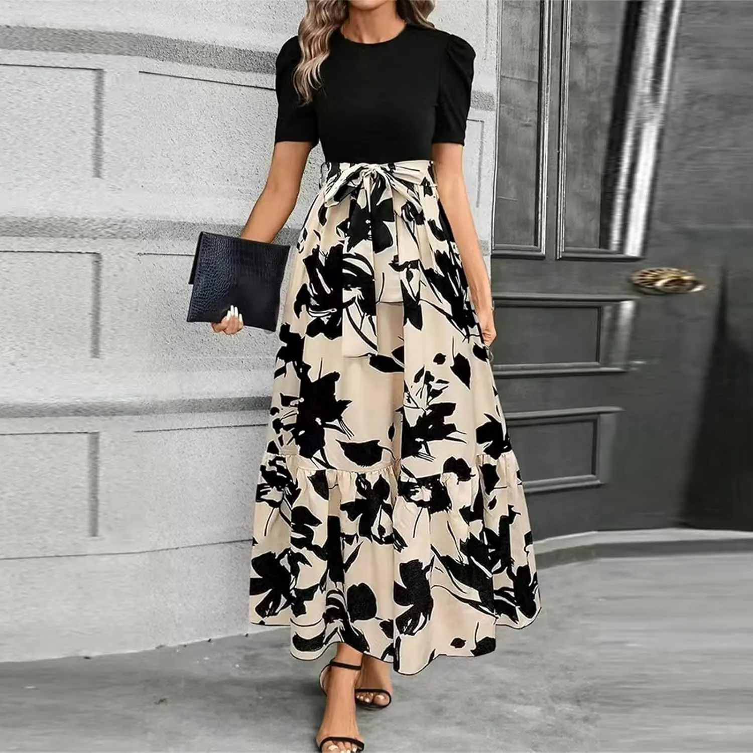 Floral Maxi Dresses for Women 2025 Boho Flowy Dress Elegant Modest Dresses A Line Short Sleeve Dress Long Sundress
