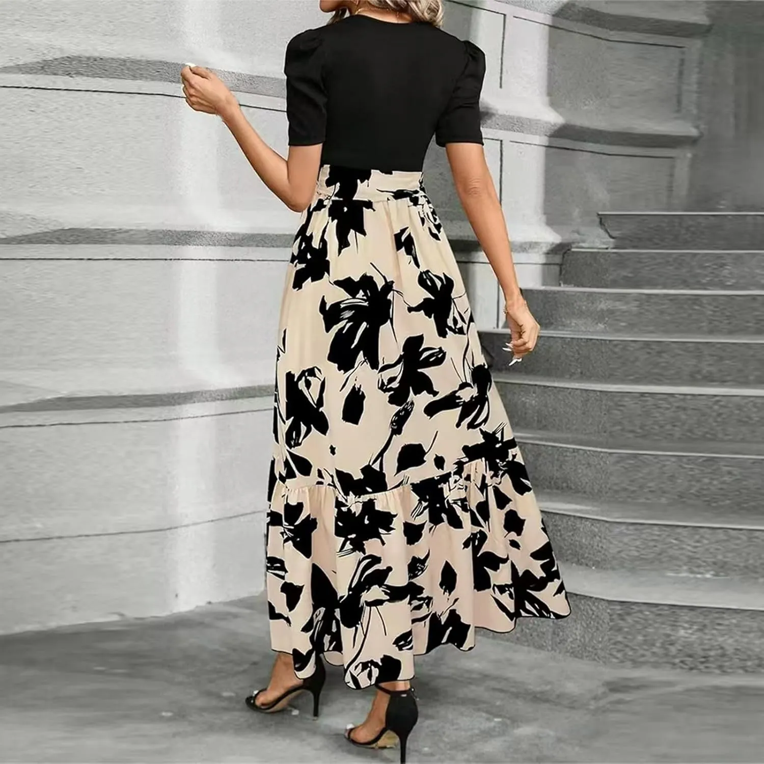 Floral Maxi Dresses for Women 2025 Boho Flowy Dress Elegant Modest Dresses A Line Short Sleeve Dress Long Sundress