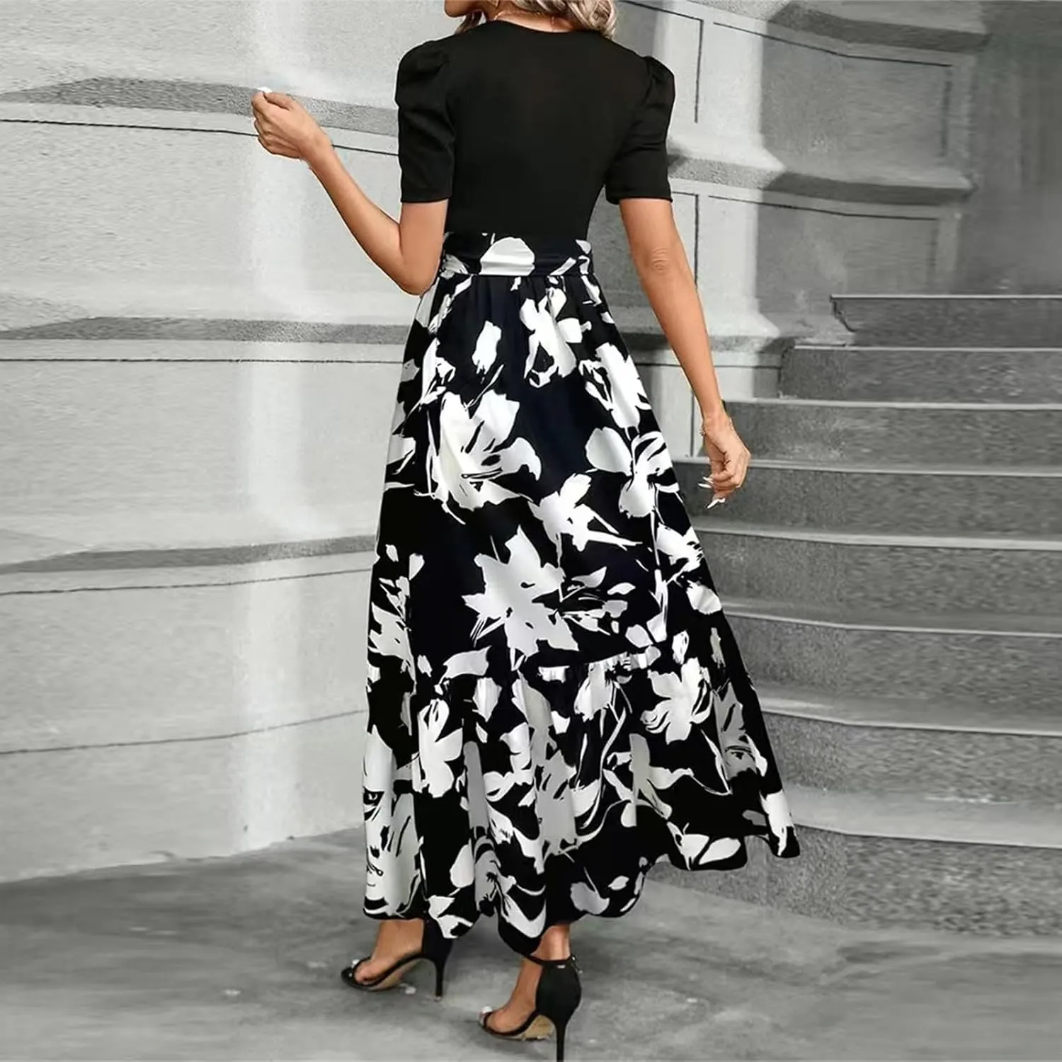 Floral Maxi Dresses for Women 2025 Boho Flowy Dress Elegant Modest Dresses A Line Short Sleeve Dress Long Sundress