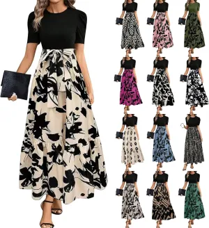 Floral Maxi Dresses for Women 2025 Boho Flowy Dress Elegant Modest Dresses A Line Short Sleeve Dress Long Sundress