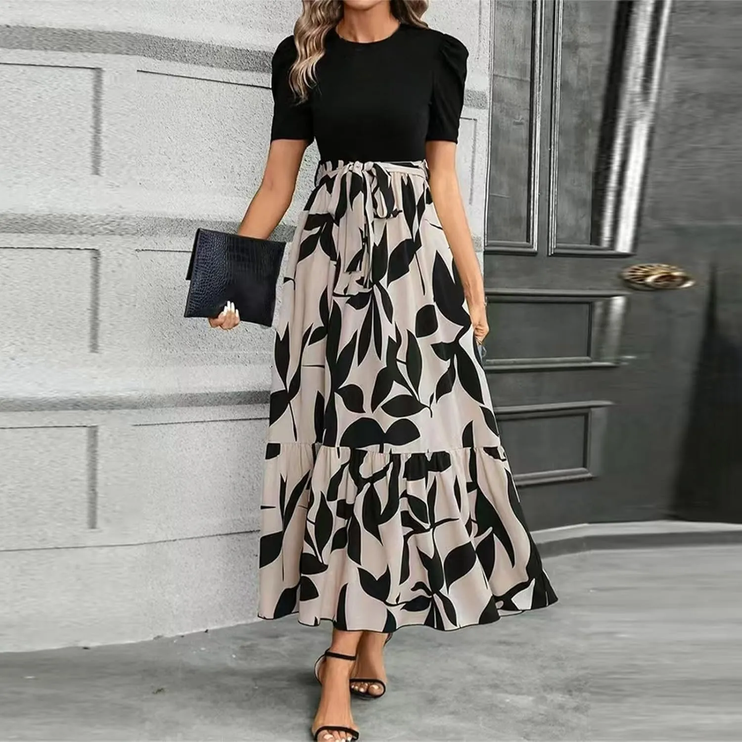 Floral Maxi Dresses for Women 2025 Boho Flowy Dress Elegant Modest Dresses A Line Short Sleeve Dress Long Sundress