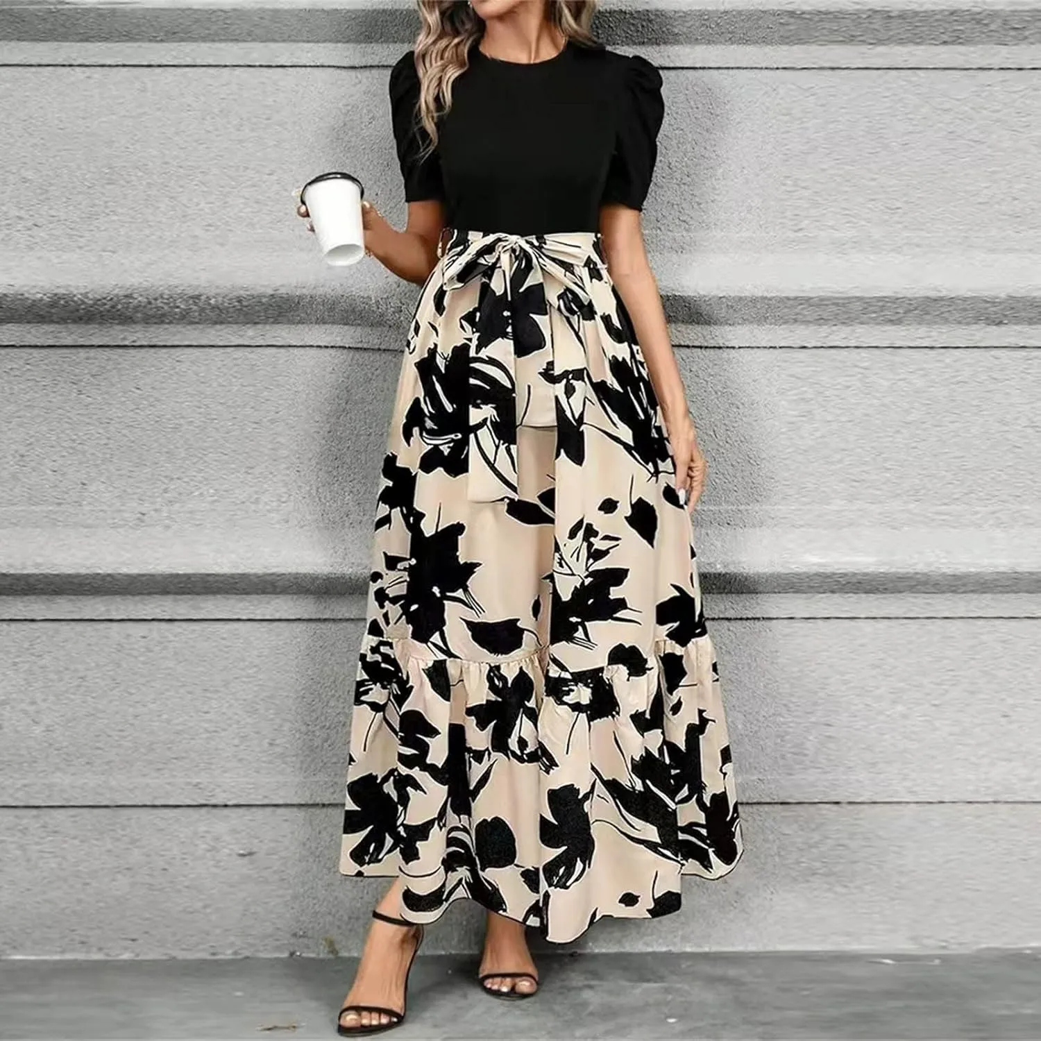 Floral Maxi Dresses for Women 2025 Boho Flowy Dress Elegant Modest Dresses A Line Short Sleeve Dress Long Sundress