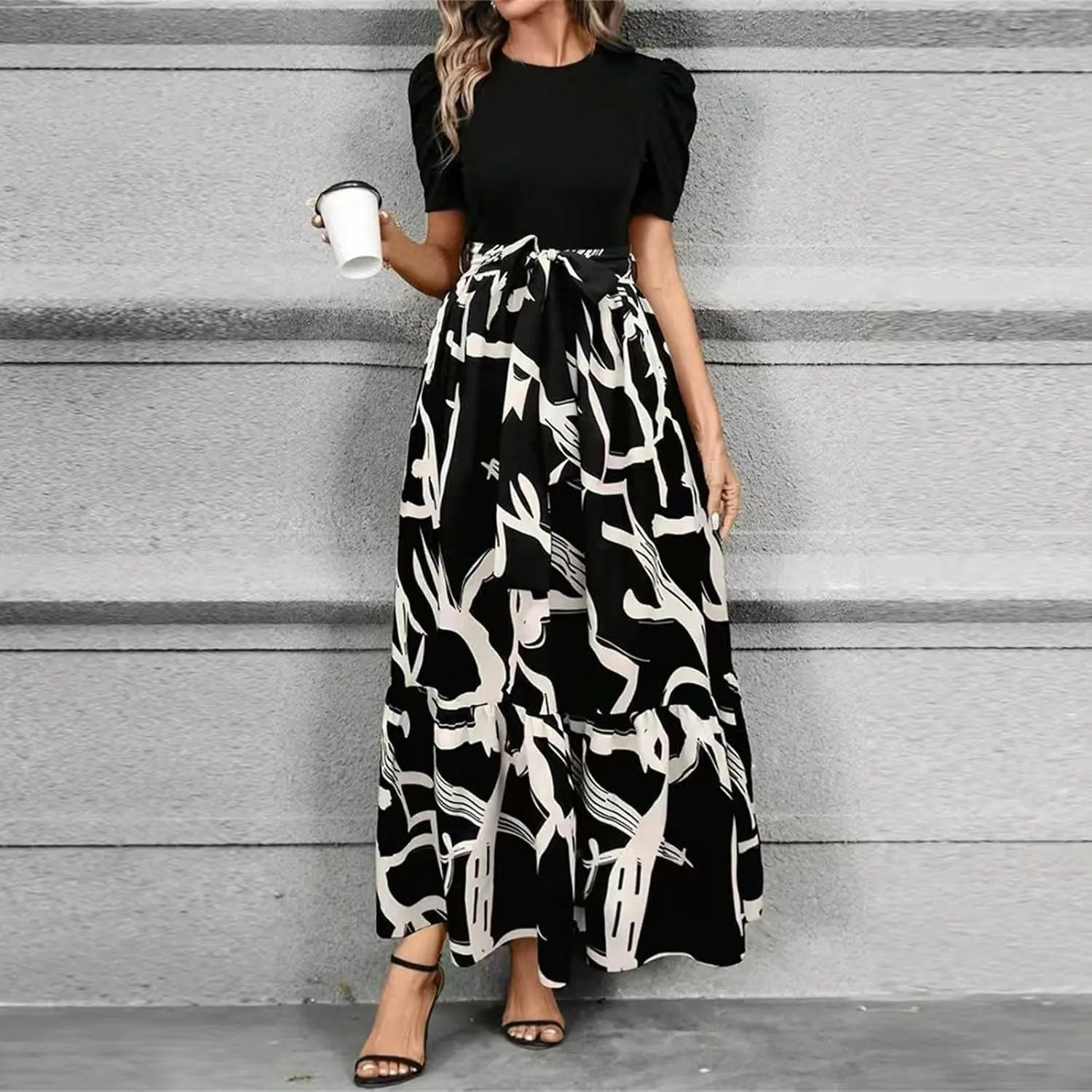 Floral Maxi Dresses for Women 2025 Boho Flowy Dress Elegant Modest Dresses A Line Short Sleeve Dress Long Sundress