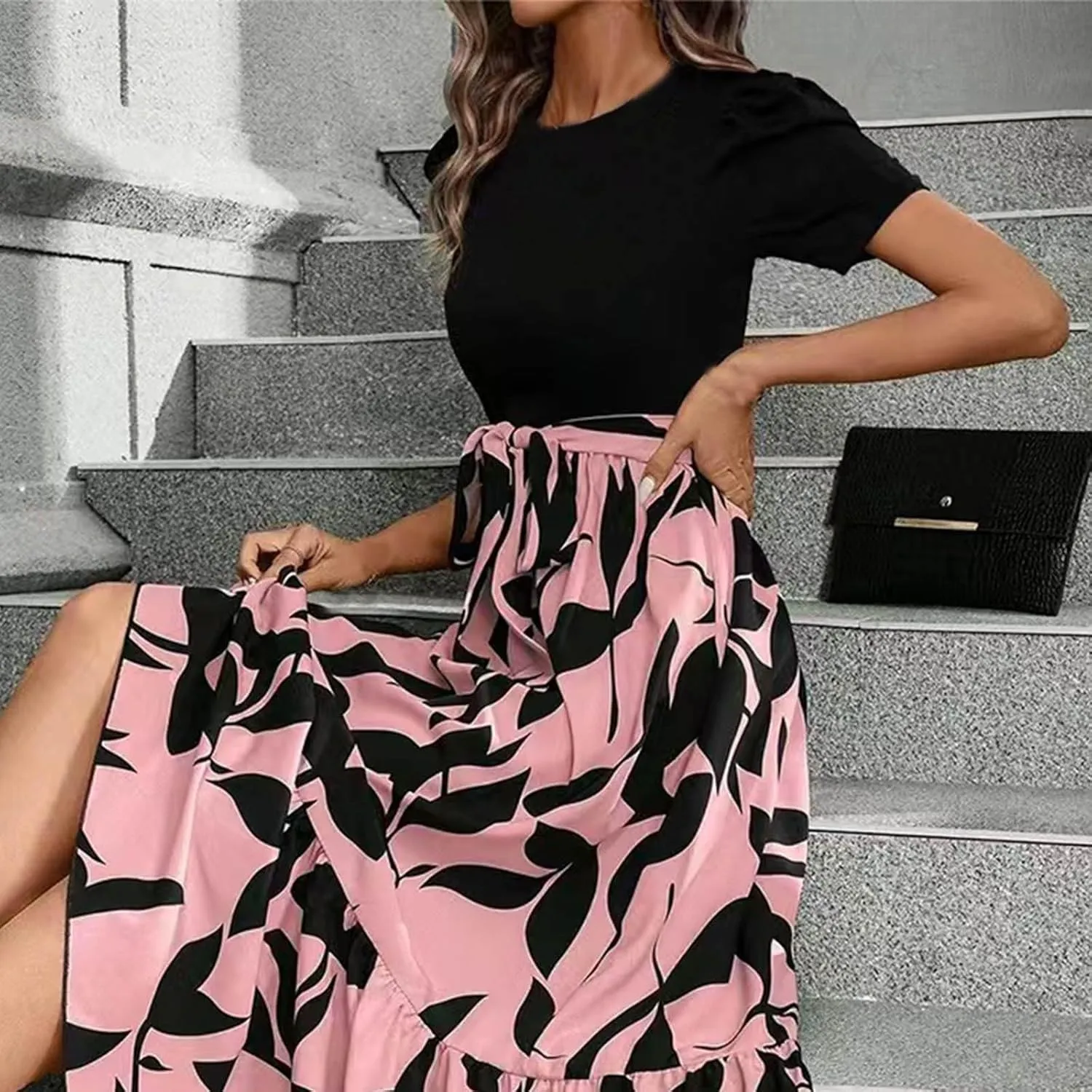 Floral Maxi Dresses for Women 2025 Boho Flowy Dress Elegant Modest Dresses A Line Short Sleeve Dress Long Sundress