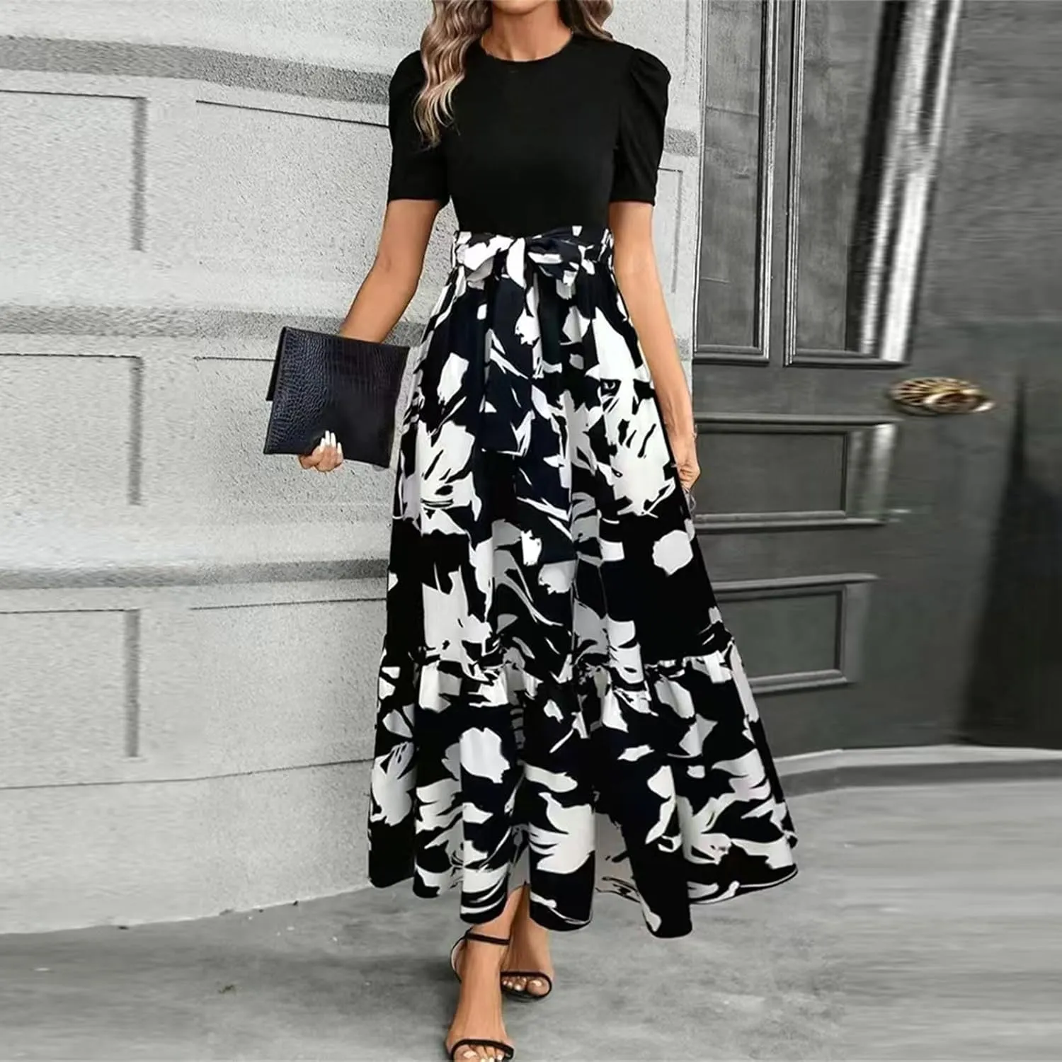 Floral Maxi Dresses for Women 2025 Boho Flowy Dress Elegant Modest Dresses A Line Short Sleeve Dress Long Sundress