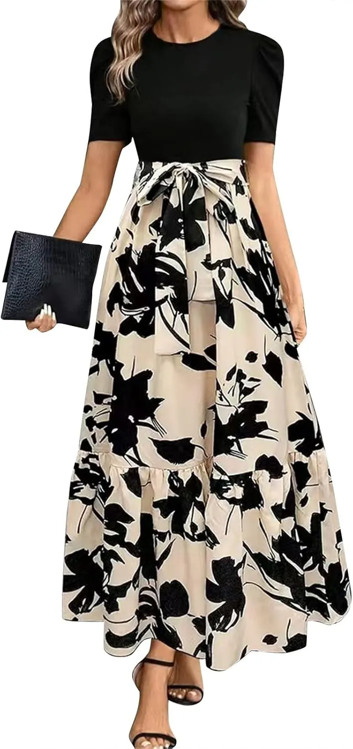 Floral Maxi Dresses for Women 2025 Boho Flowy Dress Elegant Modest Dresses A Line Short Sleeve Dress Long Sundress